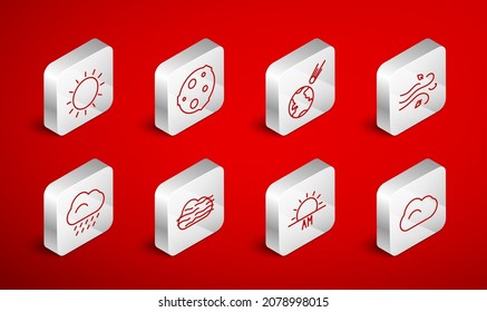 Set line Cloud, Moon, Comet falling down fast, Wind, Sunrise, Fog and cloud and with rain icon. Vector