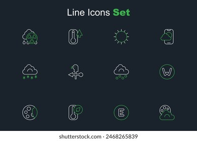 Set line Cloud with moon, Compass west, Thermometer, Moon phases, north, Hail cloud, Rooster weather vane and snow icon. Vector