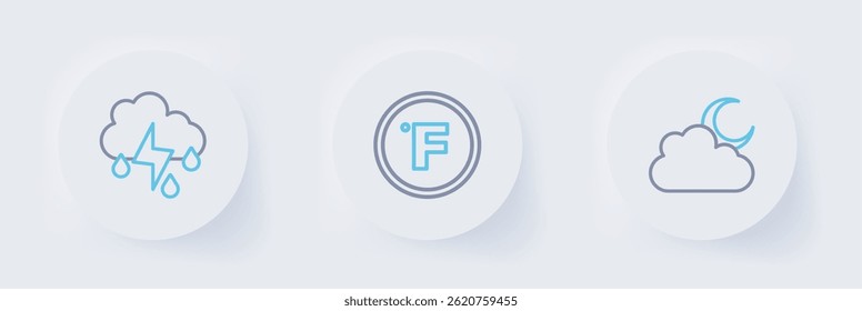 Set line Cloud with moon, Fahrenheit and rain and lightning icon. Vector