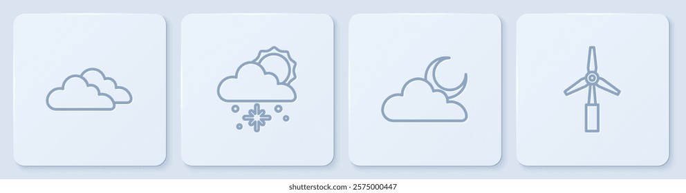 Set line Cloud, with moon, snow and sun and Wind turbine. White square button. Vector