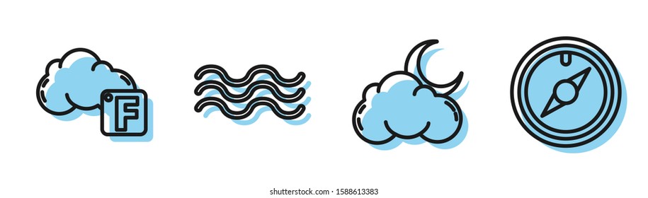 Set line Cloud with moon and stars, Fahrenheit and cloud, Waves and Wind rose icon. Vector