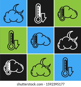Set line Cloud with moon and stars, Thermometer and cloud and Thermometer icon. Vector