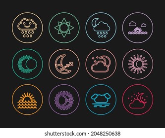 Set line Cloud with moon and stars, Eclipse of the sun, rain, Moon icon,  and Sun icon. Vector