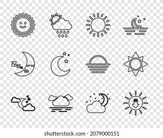 Set line Cloud with moon and stars, Sunset, Moon,  and  icon. Vector