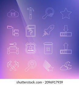 Set line Cloud with moon and stars, Loading, Unknown search, document, Folder tree, mail server and Rocket ship fire icon. Vector