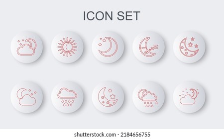 Set line Cloud with moon and stars, Moon, rain, Eclipse of the sun,  and  icon. Vector