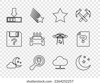 Set line Cloud with moon and stars, Moon, Star, Search location, Loading, Car wash, Network cloud connection and Unknown document icon. Vector