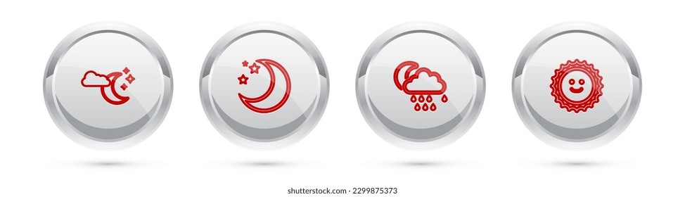 Set line Cloud with moon and stars, Moon, rain and Sun. Silver circle button. Vector