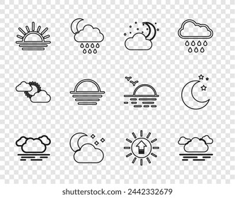 Set line Cloud, with moon and stars, Sunset,  and Moon icon. Vector
