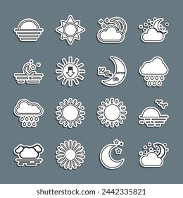 Set line Cloud with moon and stars, Sunset, rain, Moon,  and icon icon. Vector