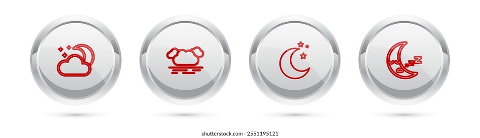 Establecer la línea Nube con luna y estrellas, Luna e icono. Botón de círculo plateado. Vector