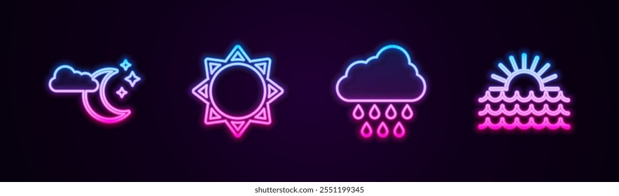 Set line Cloud with moon and stars, Sun, rain and Sunset. Glowing neon icon. Vector