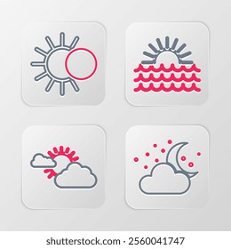 Set line Cloud with moon and stars, Sun cloud weather, Sunset and Eclipse of sun icon. Vector