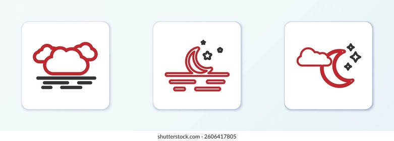 Set line Cloud with moon and stars,  and Moon icon. Vector