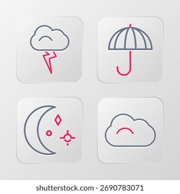 Set line Cloud, Moon and stars, Umbrella and Storm icon. Vector