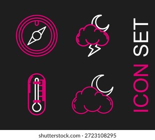 Set line Cloud with moon and stars, Thermometer, Storm and Wind rose icon. Vector