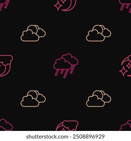 Set line Cloud with moon, Sun and cloud weather and rain on seamless pattern. Vector