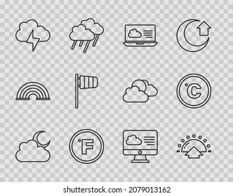 Set line Cloud with moon, Sunrise, Weather forecast, Fahrenheit, Storm, Cone windsock wind vane,  and Celsius icon. Vector