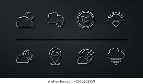 Set line Wolke mit Mond, Sonnenuntergang, Location Wolke, Regen und Celsius Symbol. Vektorgrafik