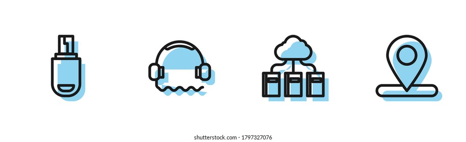 Set line Cloud oder Online-Bibliothek, USB-Flash-Laufwerk, Kopfhörer und Location Symbol. Vektorgrafik