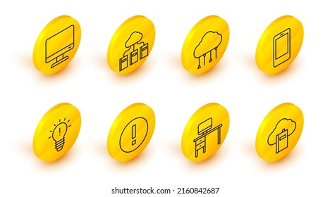 Establecer la nube de línea o biblioteca en línea, el monitor y escritorio del ordenador, la información, la lámpara de luz con el concepto de idea, el teléfono móvil, la conexión en la nube de red y el icono de pantalla. Vector