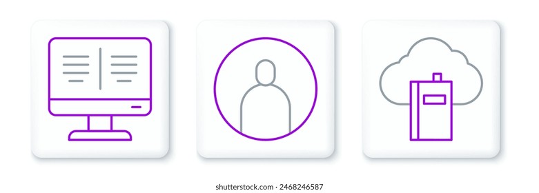 Set line Cloud or online library, Online book monitor and Create account screen icon. Vector