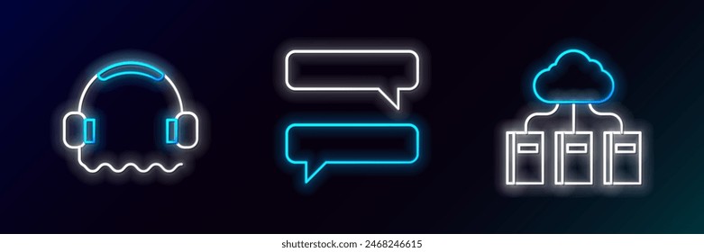 Set line Cloud or online library, Headphones and Speech bubble chat icon. Glowing neon. Vector