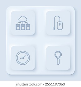 Set line Cloud oder Online-Bibliothek, Computer-Maus, Uhr und Lupe Glas. Weißer quadratischer Knopf. Vektorgrafik
