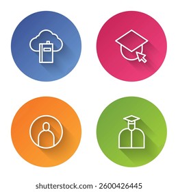 Set line Cloud or online library, Graduation cap globe, Create account screen and Student. Color circle button. Vector