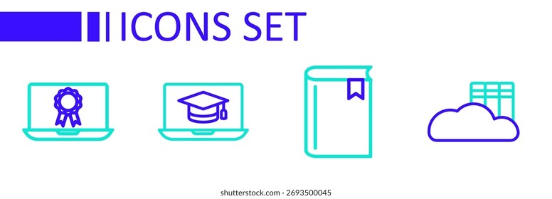 Establezca la línea Nube o Biblioteca en línea, libro, tapa de graduación portátil y educación en línea con ícono de diploma. Vector
