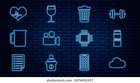 Set line Cloud, Paper package for milk, Trash can, Movie Video camera, Coffee cup, Heart rate, Processor with CPU and Wine glass icon. Vector