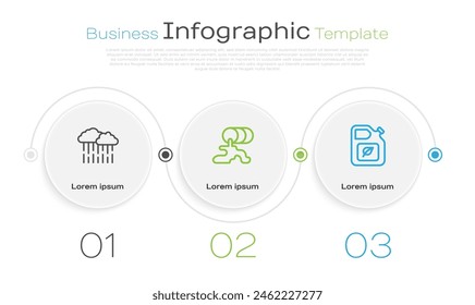 Set line Cloud with rain, Barrel oil leak and Bio fuel canister. Business infographic template. Vector