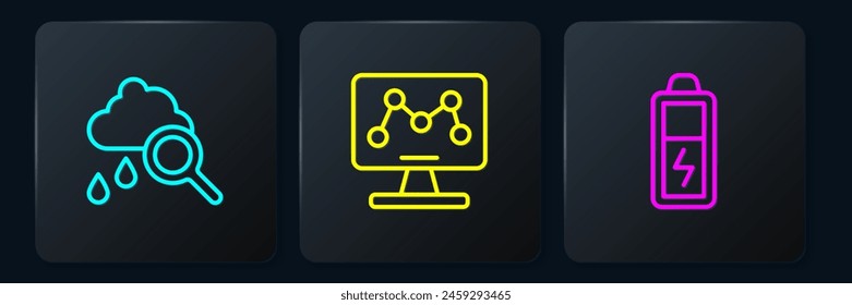 Set line Cloud with rain, Battery and Genetic engineering. Black square button. Vector
