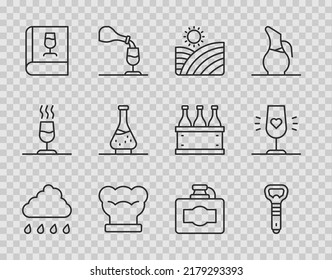 Set Line Cloud With Rain, Bottle Opener, Vineyard Wine Grapes, Chef Hat, Book About, Decanter For, Cardboard Box Of And Wine Glass Icon. Vector