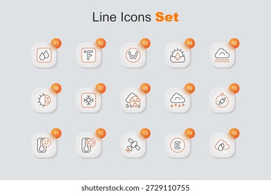 Set line Cloud with rain, Compass west, Satellite, Thermometer, snow and Acid radioactive cloud icon. Vector