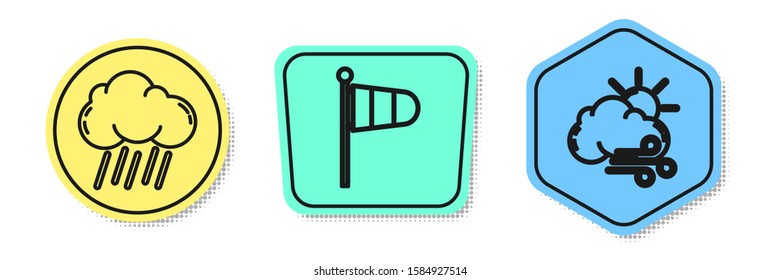 Set line Cloud with rain, Cone meteorology windsock wind vane and Windy weather. Colored shapes. Vector