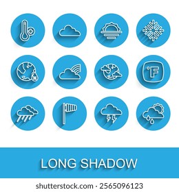 Set line Cloud with rain, Cone windsock wind vane, Meteorology thermometer, Storm, and sun, Rainbow clouds, Fahrenheit and Earth planet icon. Vector