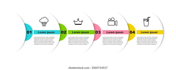 Set line Cloud with rain, Crown, Movie or Video camera and Glass water. Business infographic template. Vector