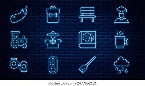 Nube con lluvia, taza de té, banco, espantapájaros, tractor, berenjena, herbario e icono de mochila escolar. Vector