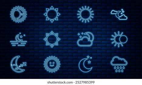 Fije la línea Nube con lluvia, Eclipse del sol, Sol, Luna y estrellas, luna e icono. Vector