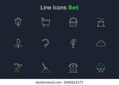 Set line Cloud with rain, Farm house, Shovel the ground, Sprout, Cloudy weather, Garden hose, Sickle and Rooster vane icon. Vector