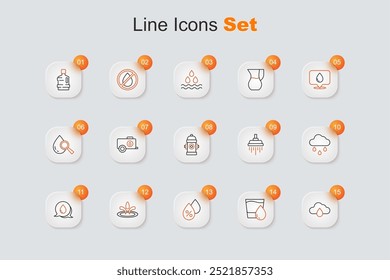 Set line Cloud with rain, Glass water, Water drop percentage, speech bubbles, Shower and Fire hydrant icon. Vector