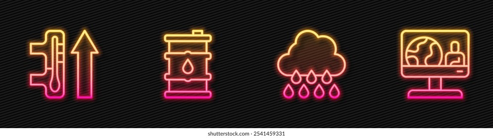 Set line Cloud with rain, Global warming, Barrel oil and Weather forecast. Glowing neon icon. Vector