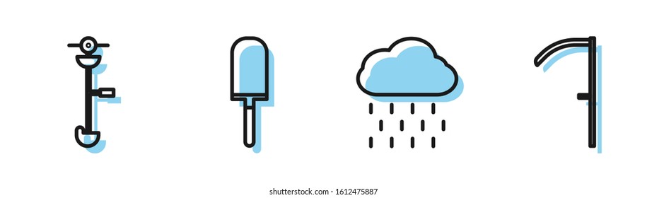 Set line Cloud with rain, Grass and weed electric string trimmer, Garden trowel spade or shovel and Scythe icon. Vector