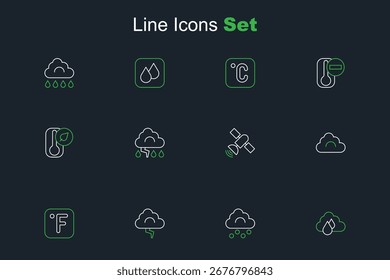 Set line Cloud with rain, Hail cloud, and lightning, Fahrenheit, Satellite,  and Thermometer icon. Vector