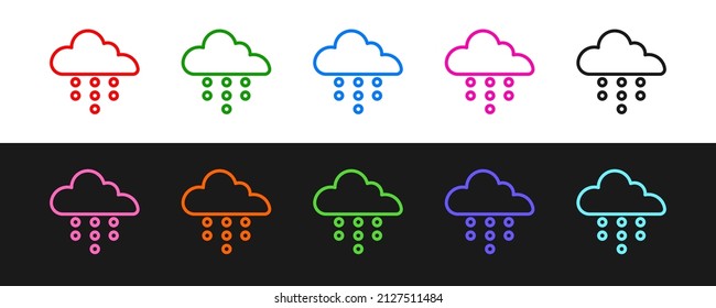 Set line Cloud with rain icon isolated on black and white background. Rain cloud precipitation with rain drops.  Vector