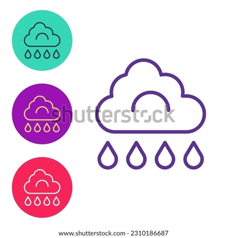 Set line Cloud with rain icon isolated on white background. Rain cloud precipitation with rain drops. Set icons colorful. Vector