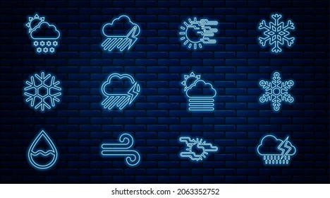 Set line Cloud with rain and lightning, Snowflake, Fog sun, snow, cloud and  icon. Vector