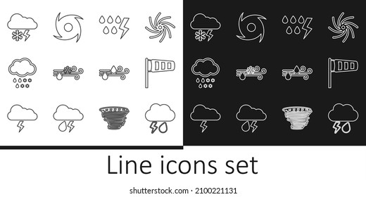Set line Cloud with rain and lightning, Cone meteorology windsock wind vane, Storm, Wind snow,  and Tornado icon. Vector