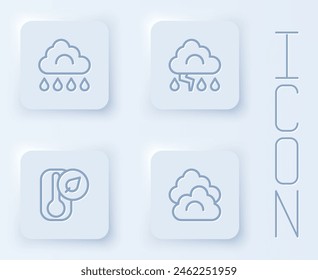 Set line Cloud with rain, and lightning, Thermometer and . White square button. Vector
